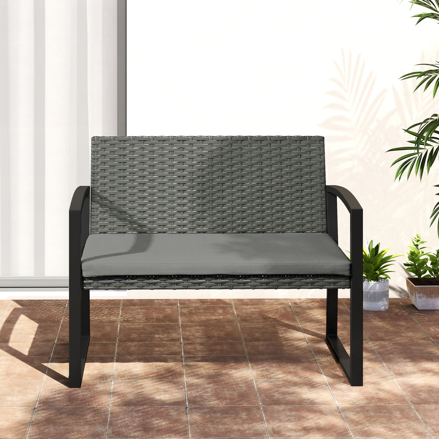 Two-Seater Rattan Garden Bench - Light Grey