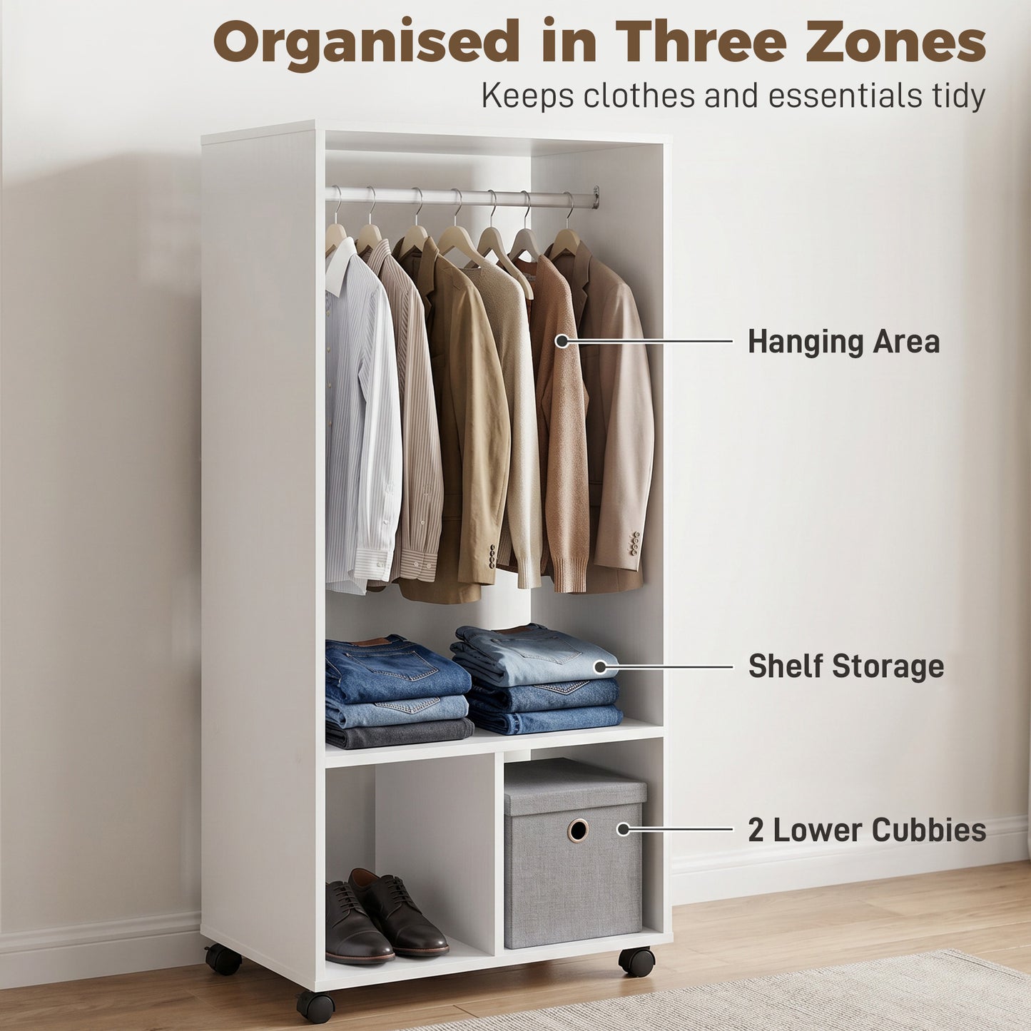 Open Wardrobe on Wheels, Bedroom Wardrobe with Clothes Hanging Rail, 2 Storage Shelves, Mobile Garment Rack for Cloakroom