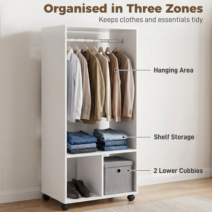 Open Wardrobe on Wheels, Bedroom Wardrobe with Clothes Hanging Rail, 2 Storage Shelves, Mobile Garment Rack for Cloakroom