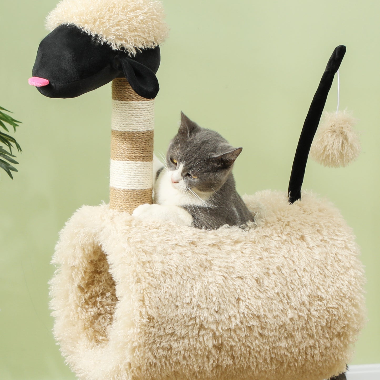 Cat Tree Sheep Design, 98 cm Multi-Level Cat Tower with Scratching Posts, Tunnel & Play Ball, Light Brown