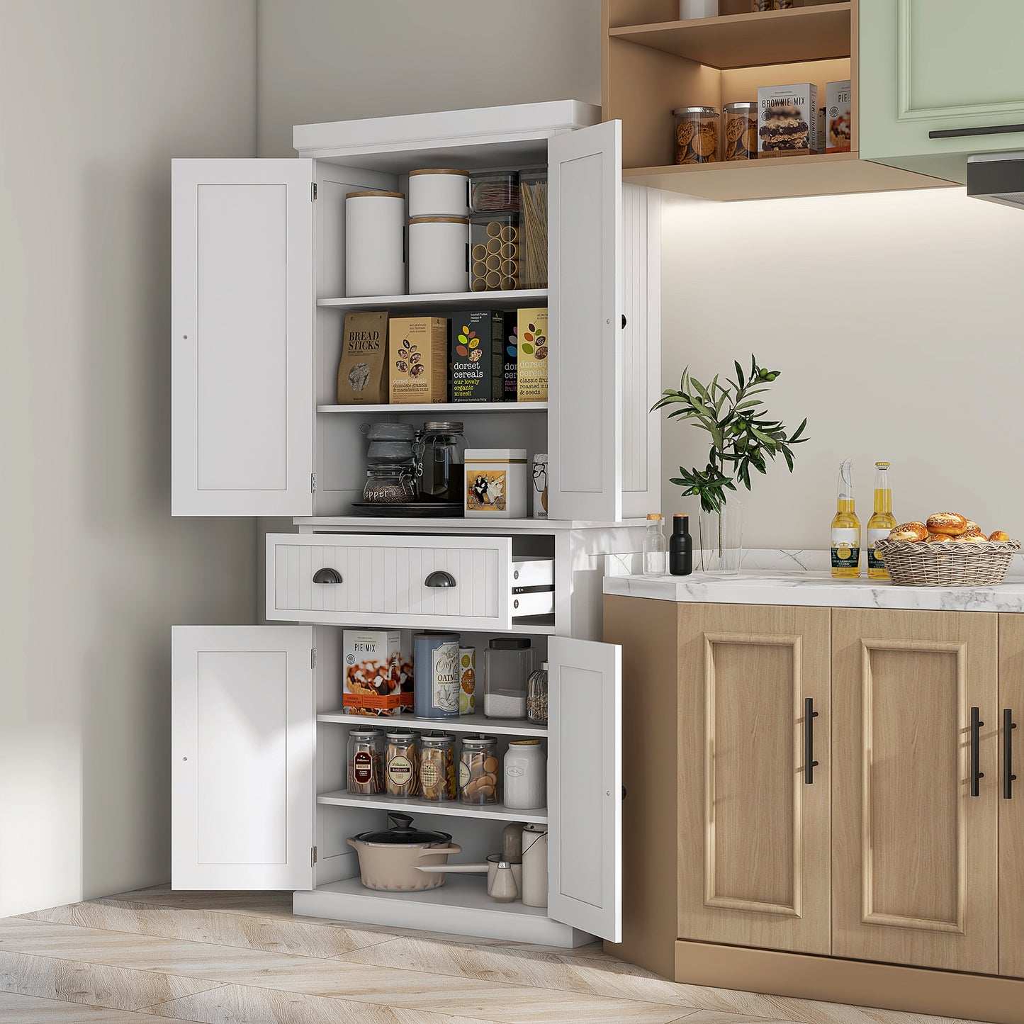 Kitchen Storage Cabinet with Drawer and Adjustable Shelves - White