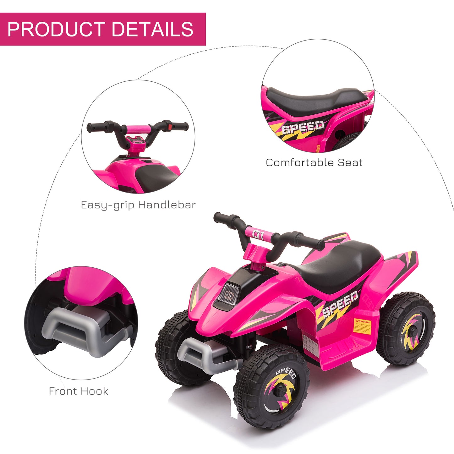 6V Kids Electric Ride on Car ATV Toy Quad Bike Four Big Wheels w/ Forward Reverse Functions Toddlers for 18-36 Months Old Pin