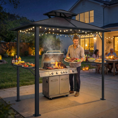 2.5 x 1.5 m Hardtop Grill Gazebo with Double Roof, Aluminium Outdoor BBQ Gazebo Shelter with 2 Side Shelves, Brown