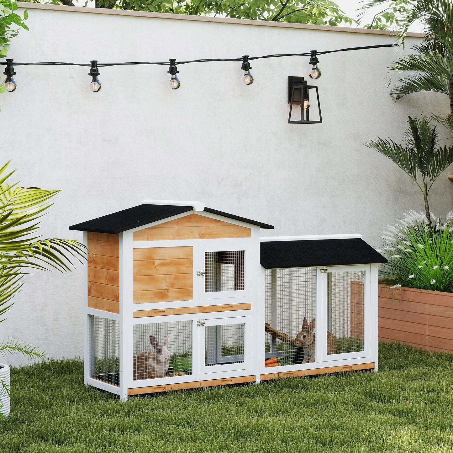 Rabbit Hutch Guinea Pig Hutch Wooden House with Run, 2 Tier Pet Cage Outdoor with No-leak Plastic Trays, 157.4 x 53 x 93.5cm