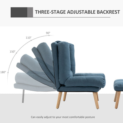 Recliner Chair with Footstool, Recliner Armchair with Adjustable Backrest, Thick Cushion and Wooden Legs, Blue