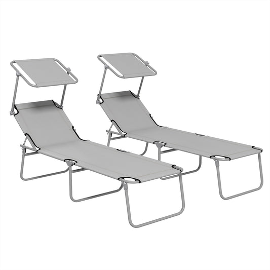 Folding Sun Lounger Set of 2 with Canopy, Reclining Sunbed with 4-Position Adjustable Backrest, 600D Oxford Cloth