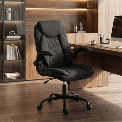 Linen-Look Computer Desk Chair, Executive Office Chair with Flip-Up Armrests and Thick Cushion, Black