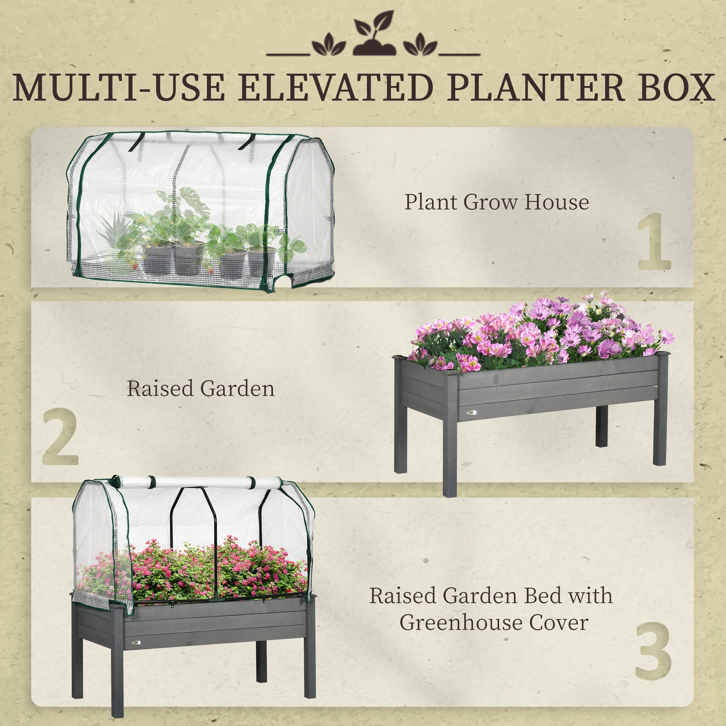 Raised Garden Bed Outdoor Elevated Wood Planter Box w/ PE Cover, Dark Grey