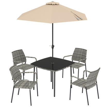 4 Seater Rattan Dining Set with Parasol, 6 Piece Garden Table and Stackable Chairs with Tempered Glass Tabletop