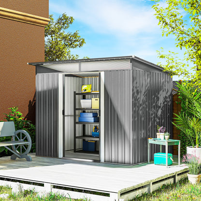 9ft x 6.5ft Garden Storage Shed with Top Window, Metal Outdoor Shed Tool House with Double Doors, Light Grey