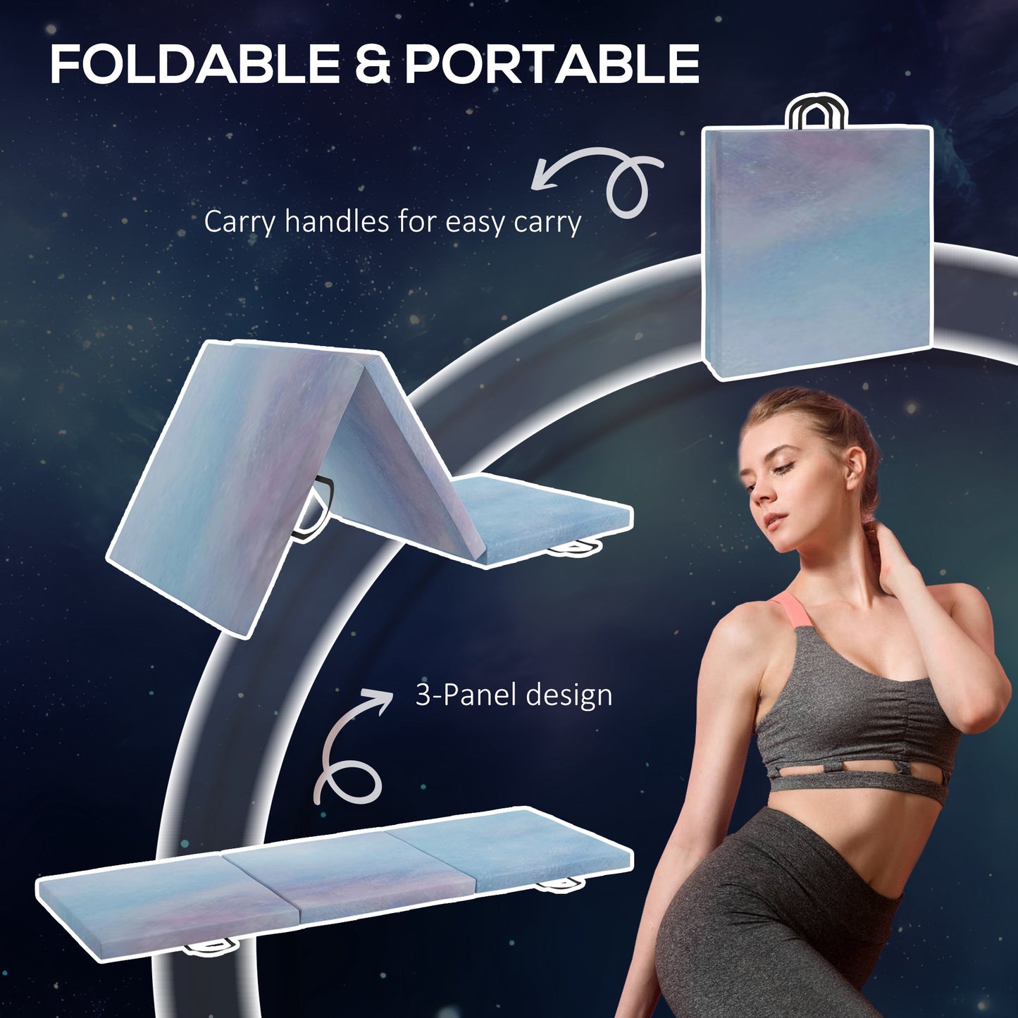 Gymnastics Mat, Tri-Fold Crash Exercise Pad, 6FT 2" Thick Foldable Workout Mat with Handles for Home Training, Blue