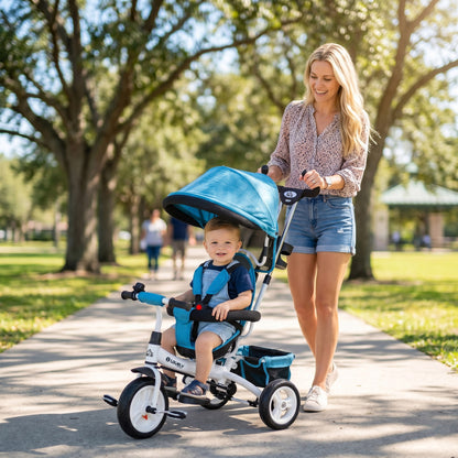 6 in 1 Kids Trike Push Bike w/ Push Handle, Canopy, 5-point Seat Belt, Storage, Footrest, Brake, for 1-5 Years, Blue