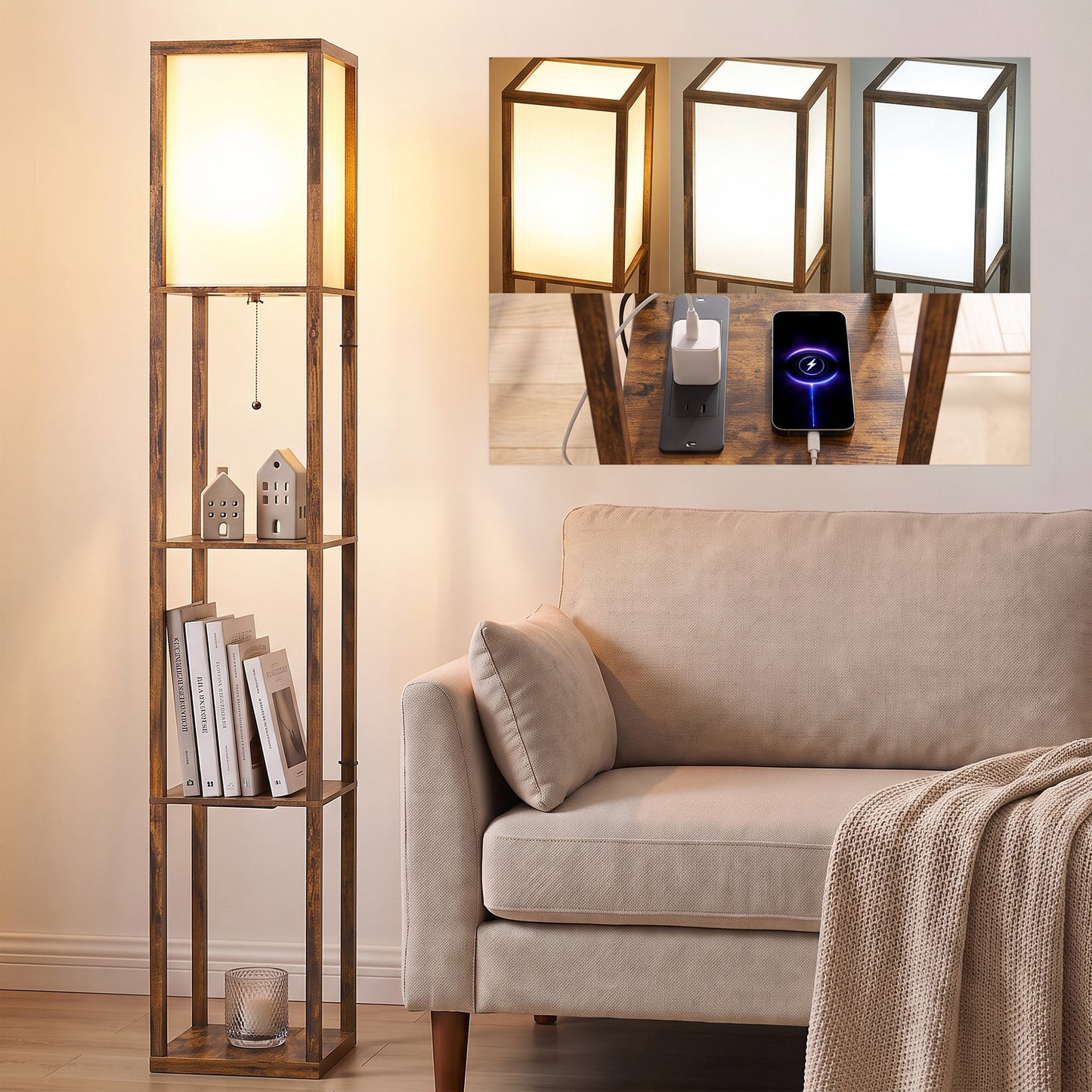 Floor Lamp with Shelves, 4 Layer Standing Lamp with USB Ports, 3 Colour Temperature, Rustic Brown