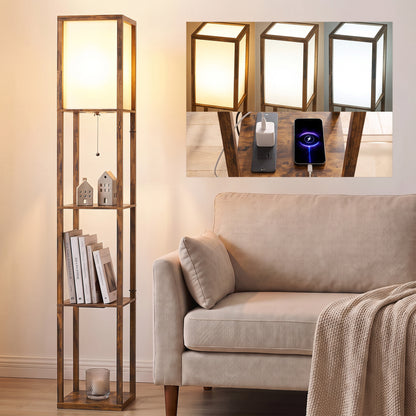 Floor Lamp with Shelves, 4 Layer Standing Lamp with USB Ports, 3 Colour Temperature, Rustic Brown