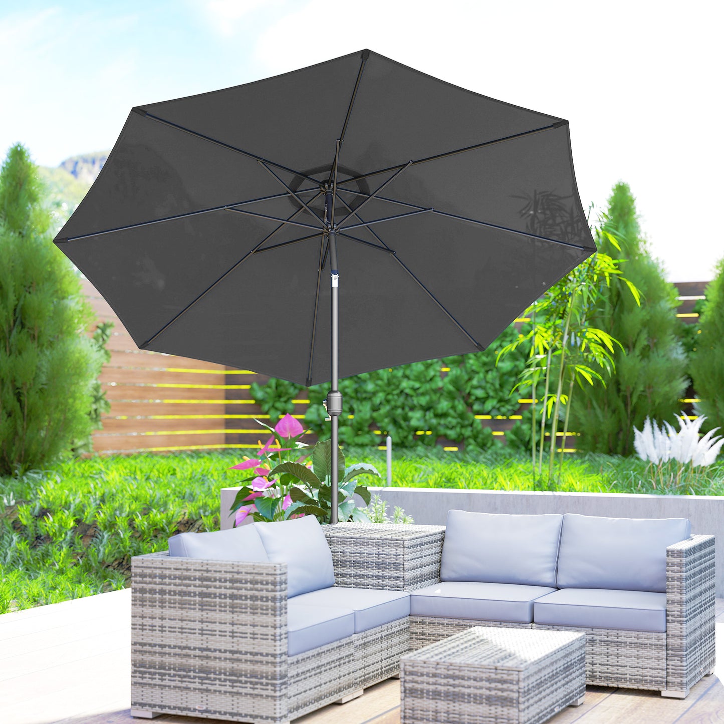 3(m) Tilting Parasol Garden Umbrellas, Outdoor Sun Shade with 8 Ribs, Tilt and Crank Handle for Balcony, Bench, Garden