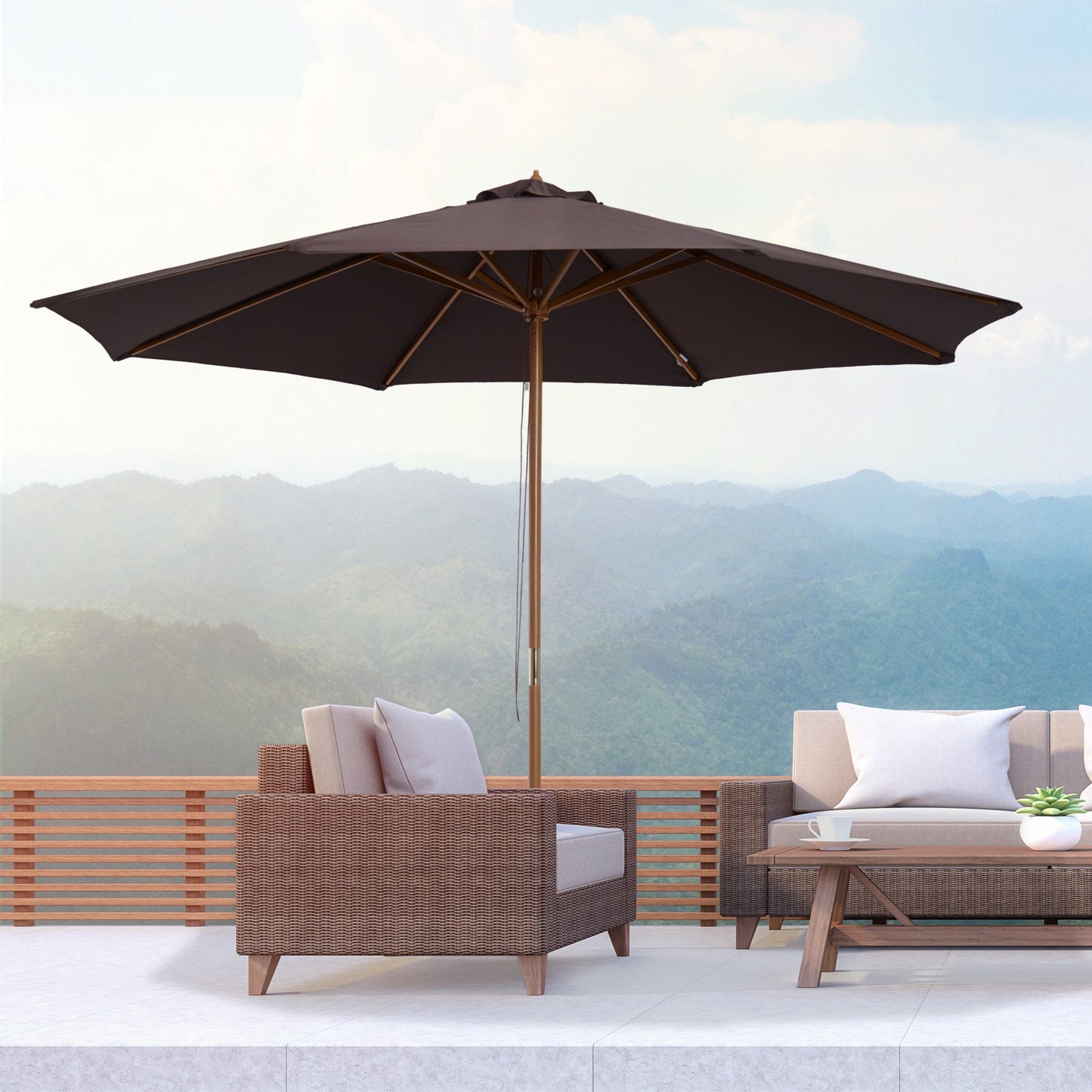 3(m) Garden Parasol, Pulley Operated Patio Umbrella, Wooden Parasol, Table Market Umbrella