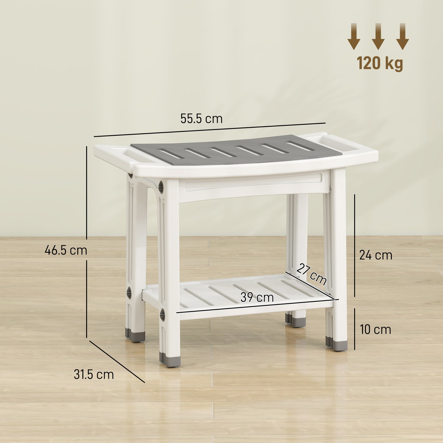Shower Bench 2-Tier Shower Stool Bathroom with Shelf White and Grey