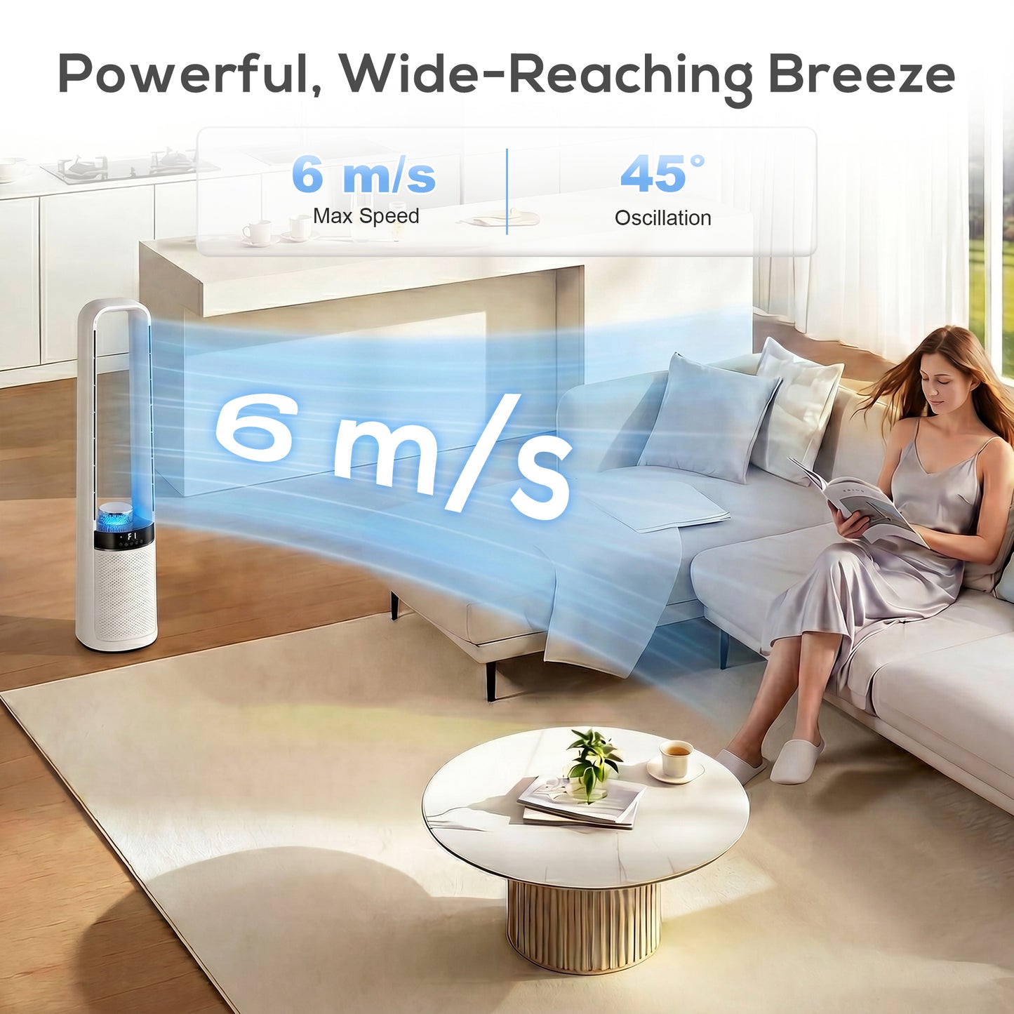 Bladeless Tower Fan, 36dB Standing Cooling Fan with Oscillating, LED Lights, 3 Speeds, 12H Timer, Remote Control