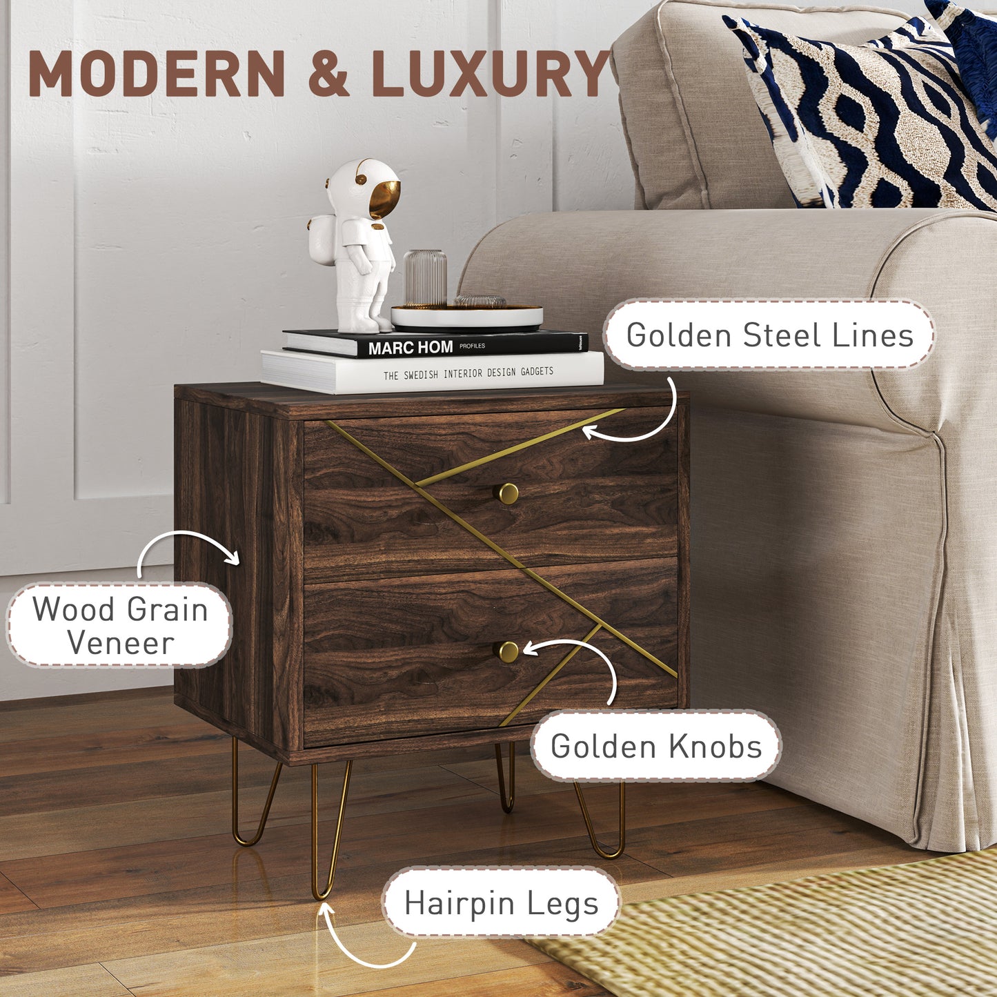 Bedside Tables Set of 2, Modern Side Table Set with 2 Drawers and Steel Hairpin Legs, Nightstand for Bedroom