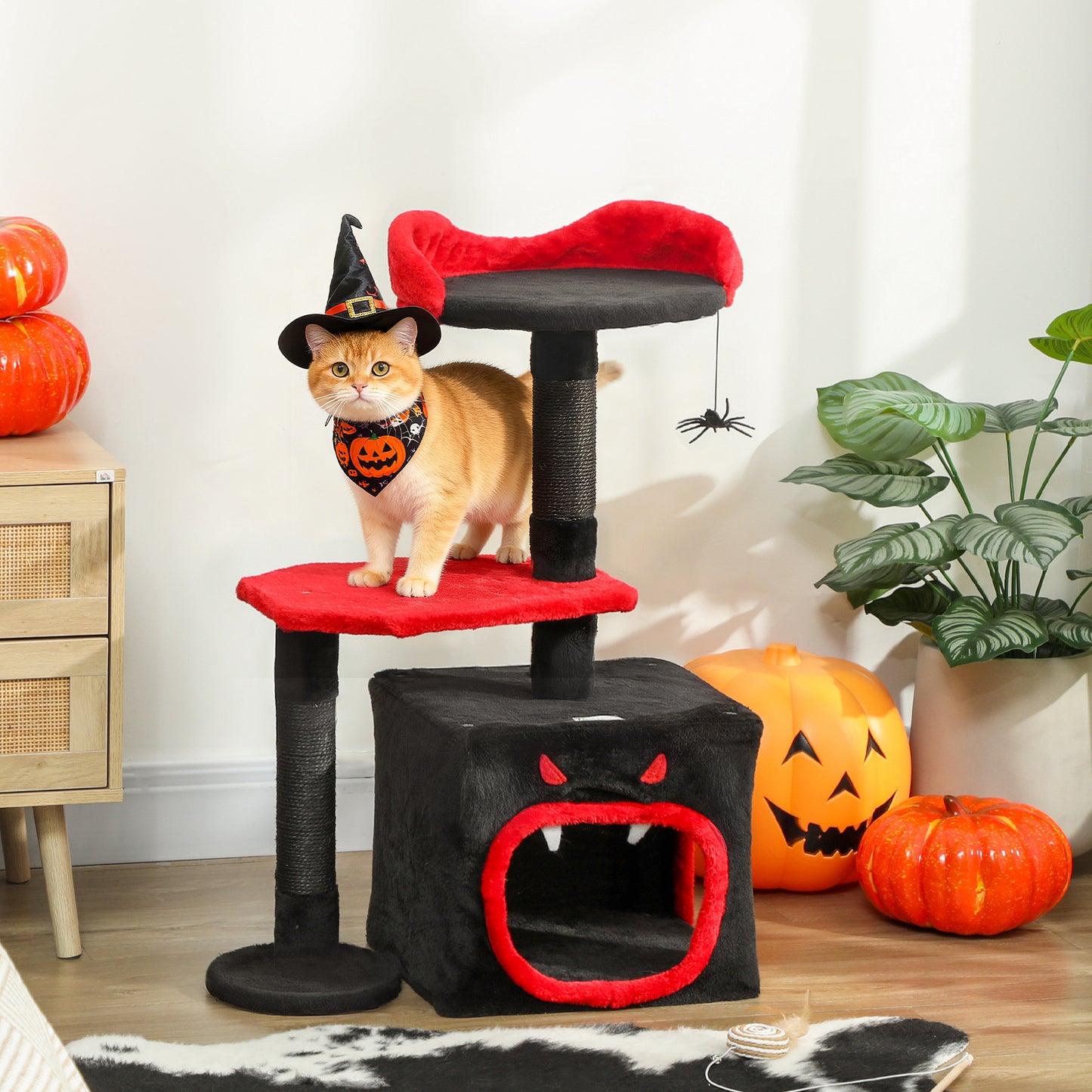 Cat Tree, Gothic Cat Tower with Scratching Posts, Cute Condo, Coffin Platform, Bed and Spider Toy, Halloween