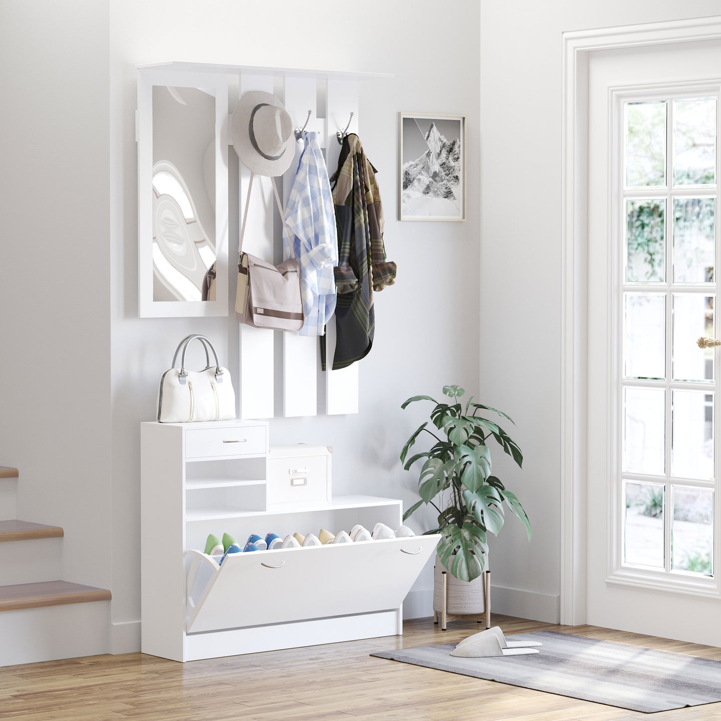 2PC Shoes Storage Chest Cloths Rack Unit w/Mirror Multiple Shelves Large Storage Capacity Shoes Cabinet 6 Hooks Cloth Rack Wh