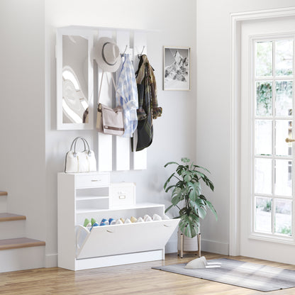 2PC Shoes Storage Chest Cloths Rack Unit w/Mirror Multiple Shelves Large Storage Capacity Shoes Cabinet 6 Hooks Cloth Rack Wh