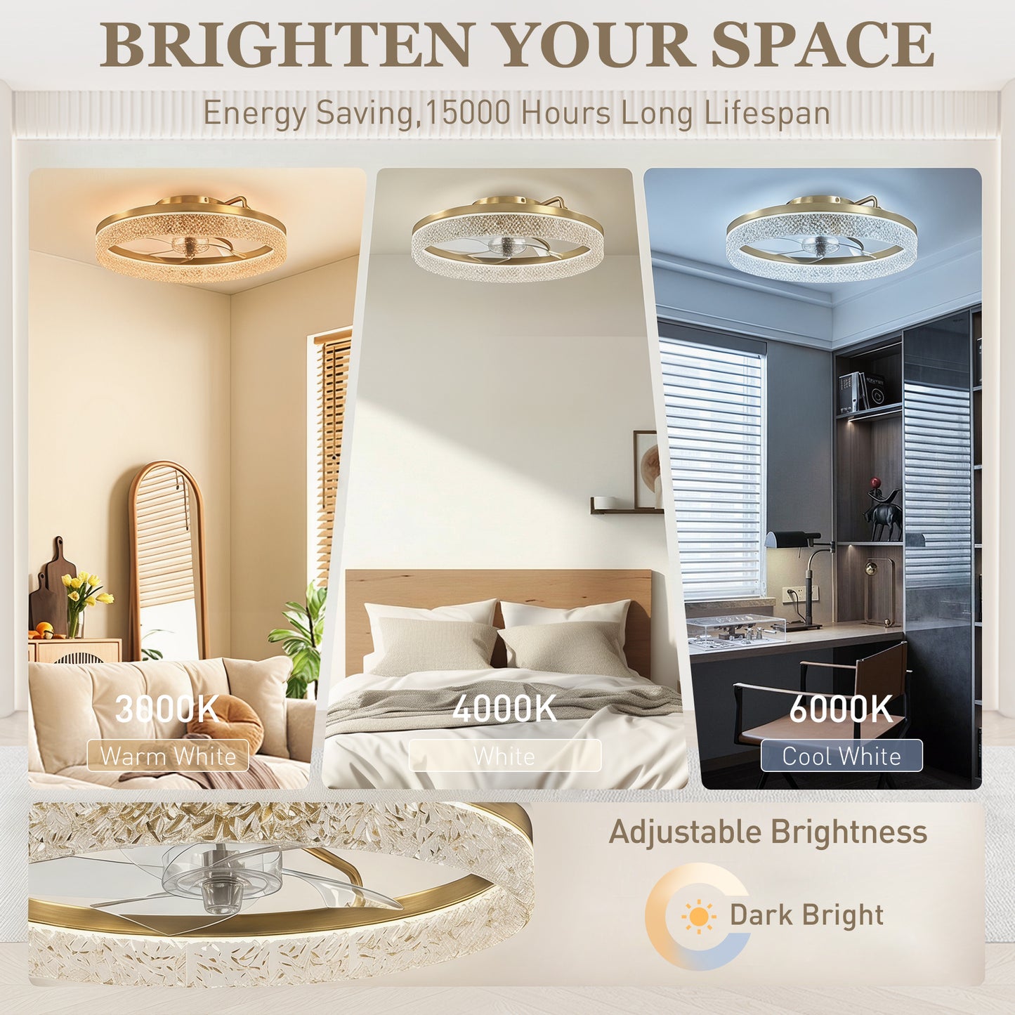Ceiling Fan with Lights, Dimmable LED Mount Ceiling Fan Light with Remote App Control for Bedroom, Gold Tone