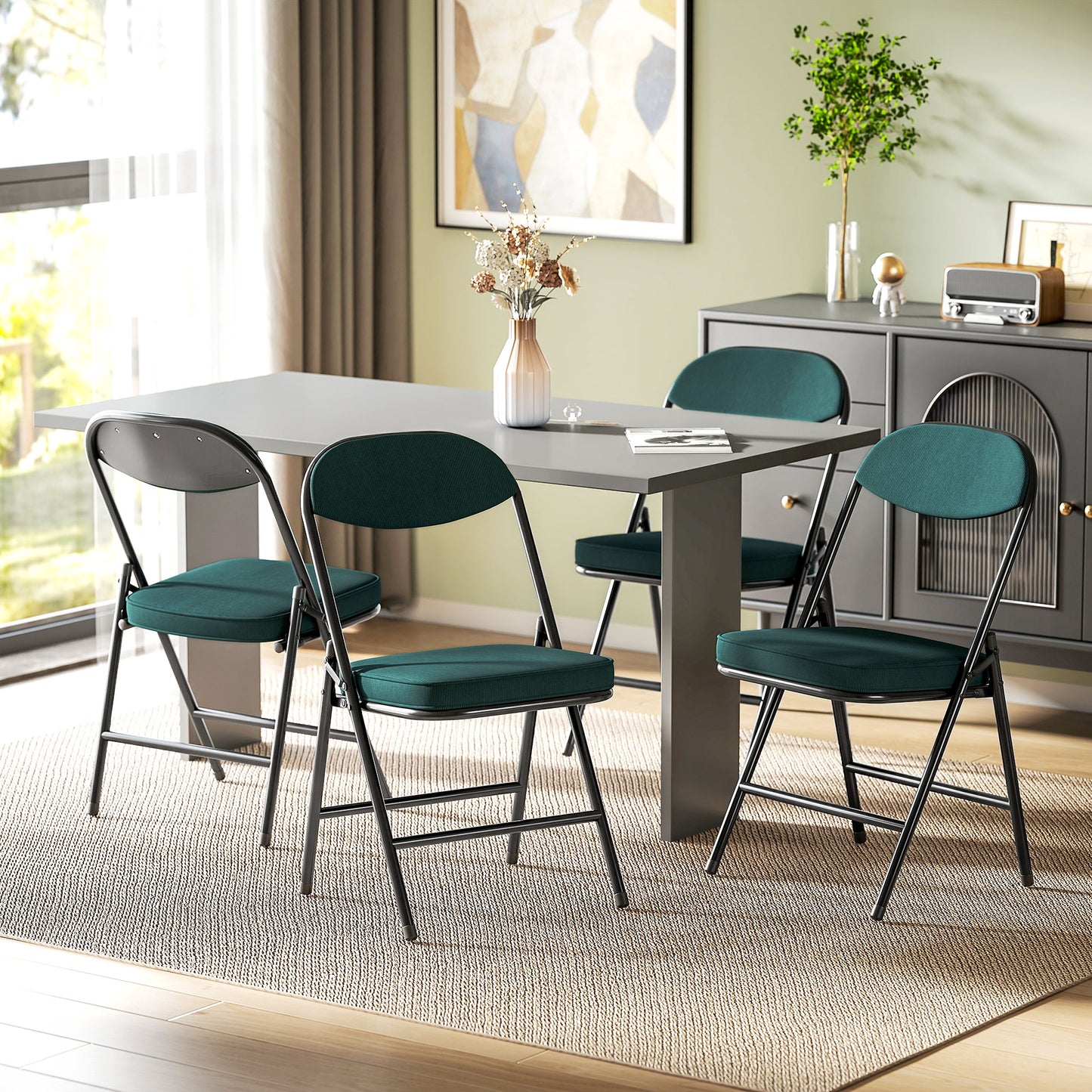 Set of Four Folding Corduroy Seat Chairs - Teal