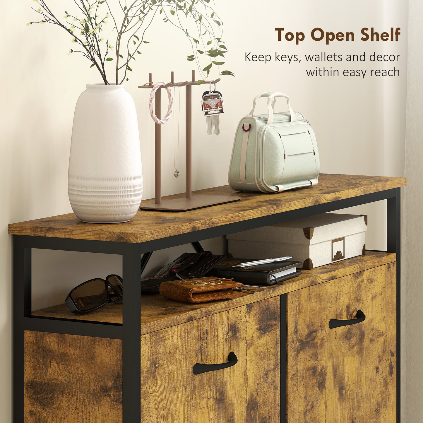 Shoe Storage Cabinet with 4 Flip Drawers and Open Shelf - Rustic Brown