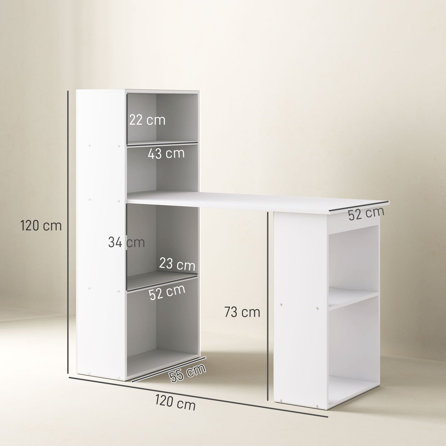 120cm Computer Desk, Wooden PC Laptop Table with 6-Tier Storage Bookshelves, Home Office Working Study Desk
