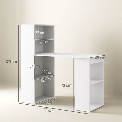 120cm Computer Desk, Wooden PC Laptop Table with 6-Tier Storage Bookshelves, Home Office Working Study Desk