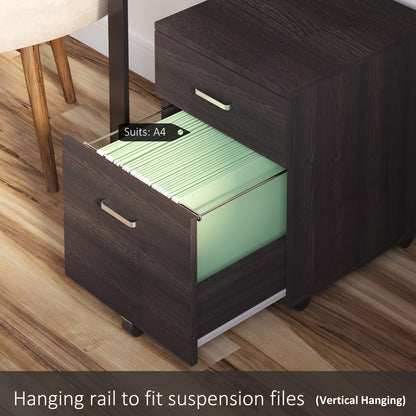 2-Drawer Locking Office Filing Cabinet w/ 5 Wheels Rolling Storage Hanging A4 Cupboard Home Organisation Black Wood Grain
