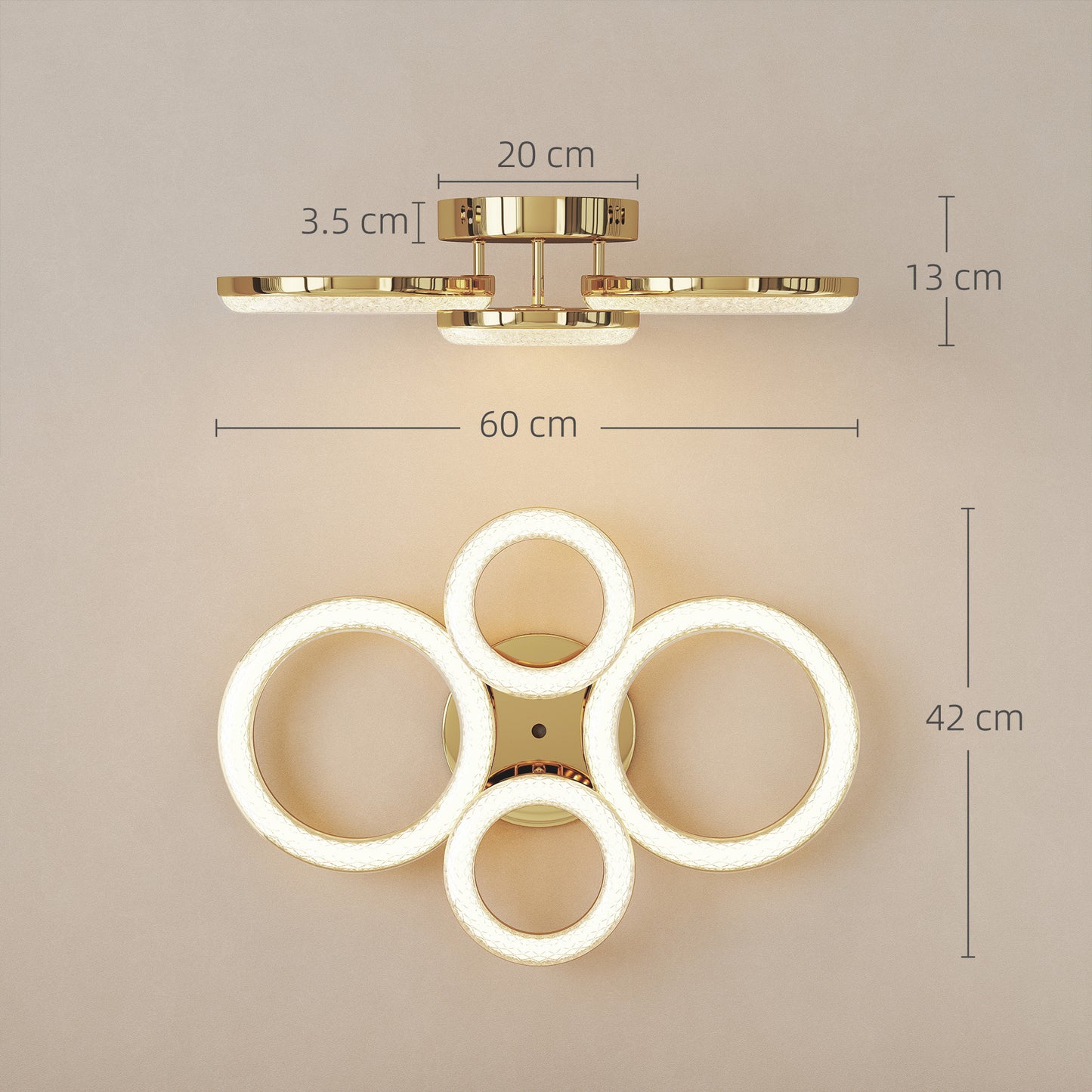 4-Ring LED Ceiling Light, Flush Mount Ceiling Light with 3 Colour Temperatures, Gold Tone