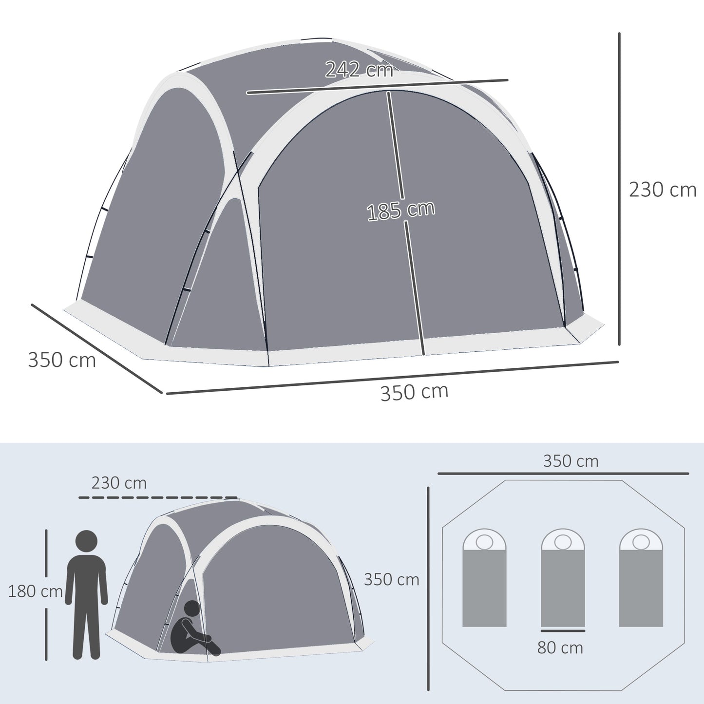 Dome Tent for 6-8 Person, Camping Tent with 4 Zipped Mesh Doors, Removable Oxford Cloth, Lamp Hook, Portable Carry Bag