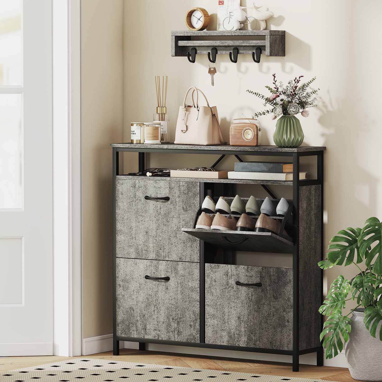 Shoe Storage Cabinet with 4 Flip Drawers and Open Shelf - Cement Grey
