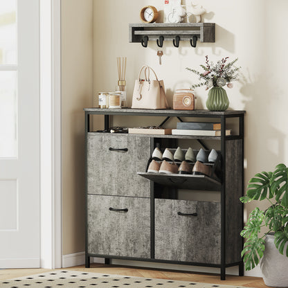 Shoe Storage Cabinet with 4 Flip Drawers and Open Shelf - Cement Grey