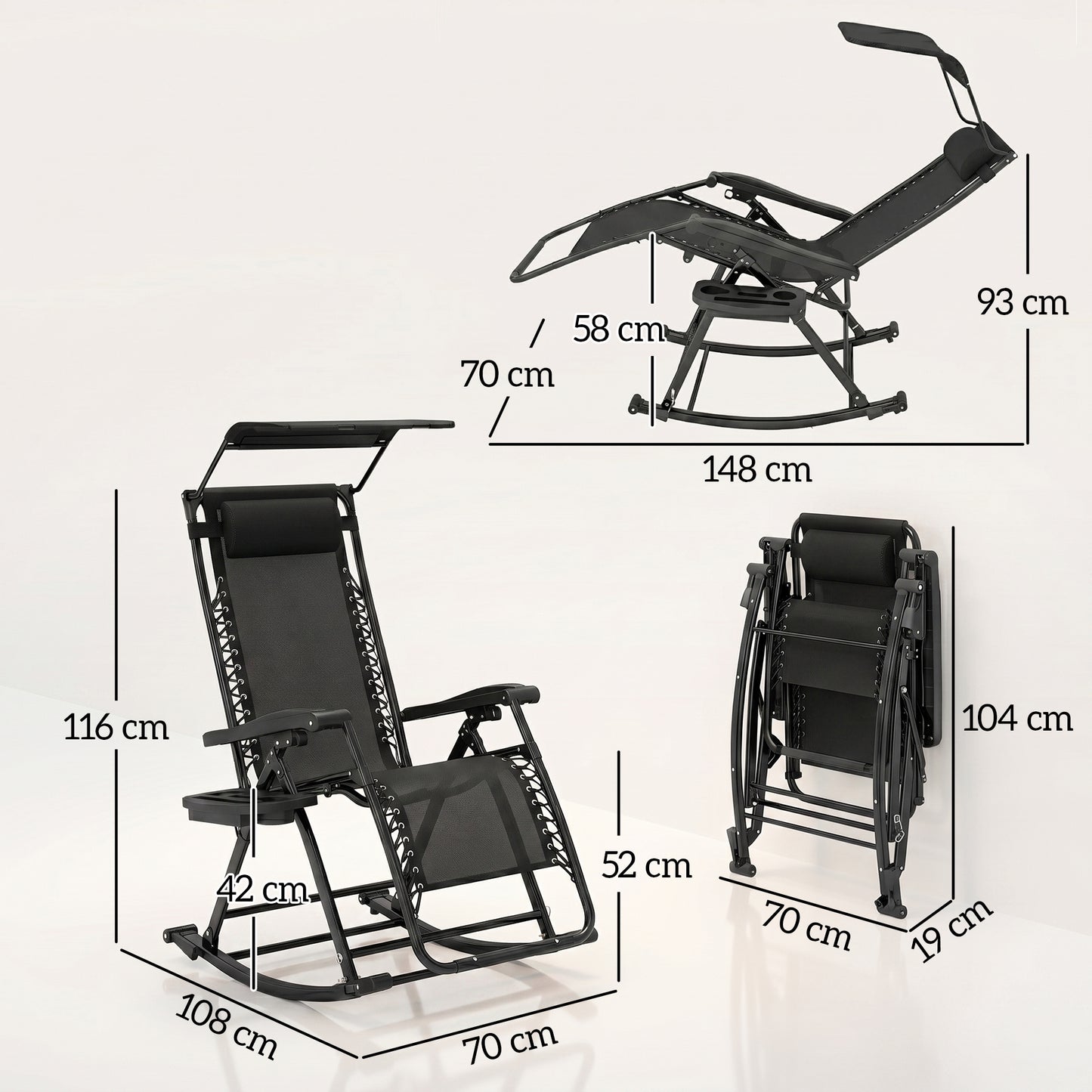 Garden Rocking Chair Folding Recliner Outdoor Adjustable Sun Lounger Rocker Zero-Gravity Seat with Headrest Side Holder Patio