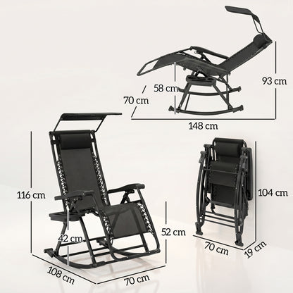 Garden Rocking Chair Folding Recliner Outdoor Adjustable Sun Lounger Rocker Zero-Gravity Seat with Headrest Side Holder Patio