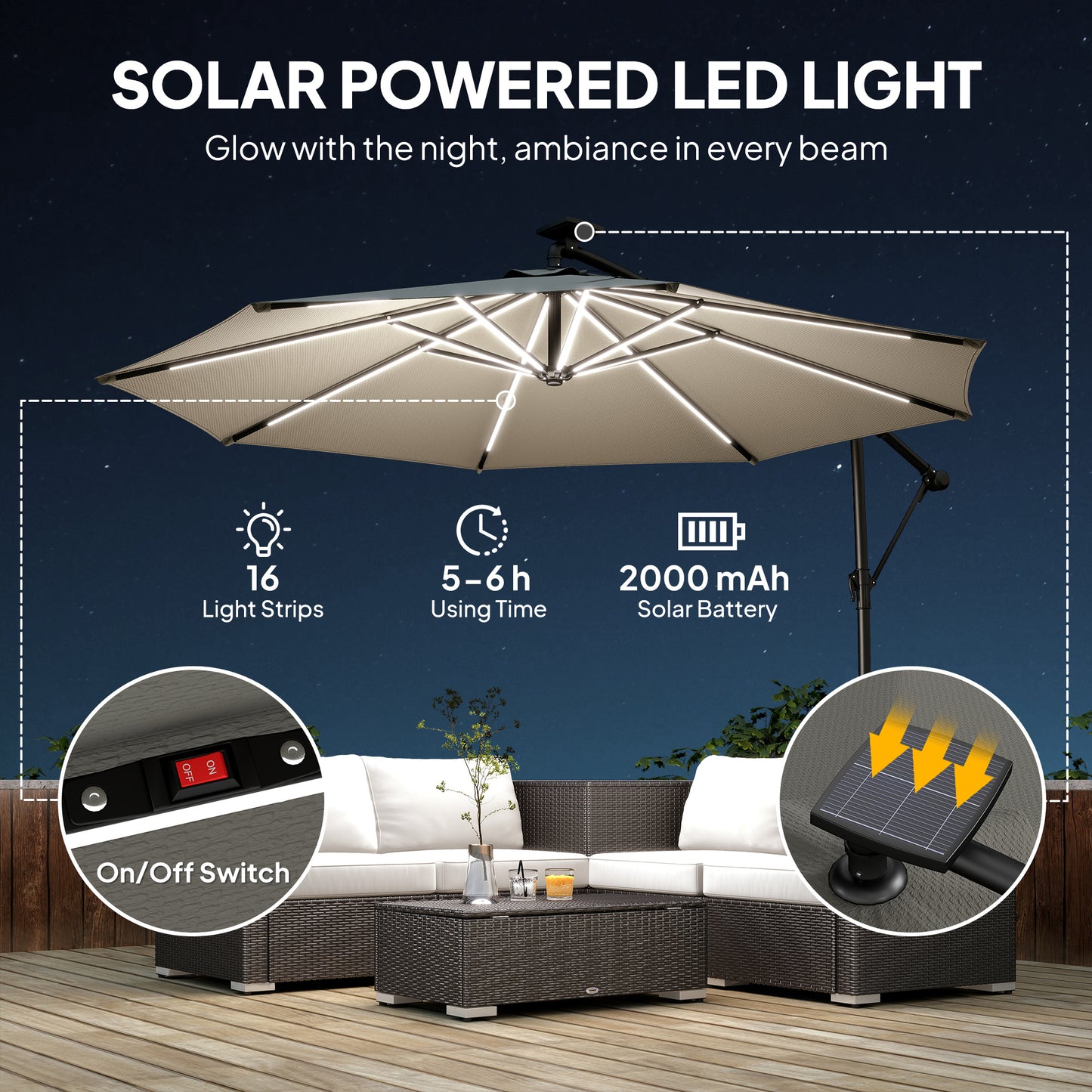 3 m Garden Cantilever Parasol with LED Solar Light, Round Overhanging Umbrella with 360° Rotation, Cover, Grey
