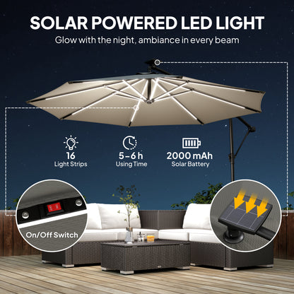 3 m Garden Cantilever Parasol with LED Solar Light, Round Overhanging Umbrella with 360° Rotation, Cover, Grey