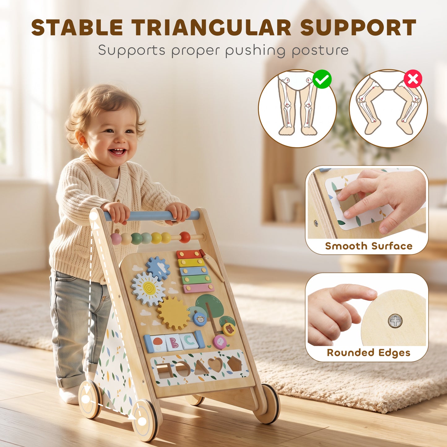 Wooden Baby Walker, Toddler Push Along Walker with Speed Control, Activity Centre and 5 Blocks for 18 Months+, Natural