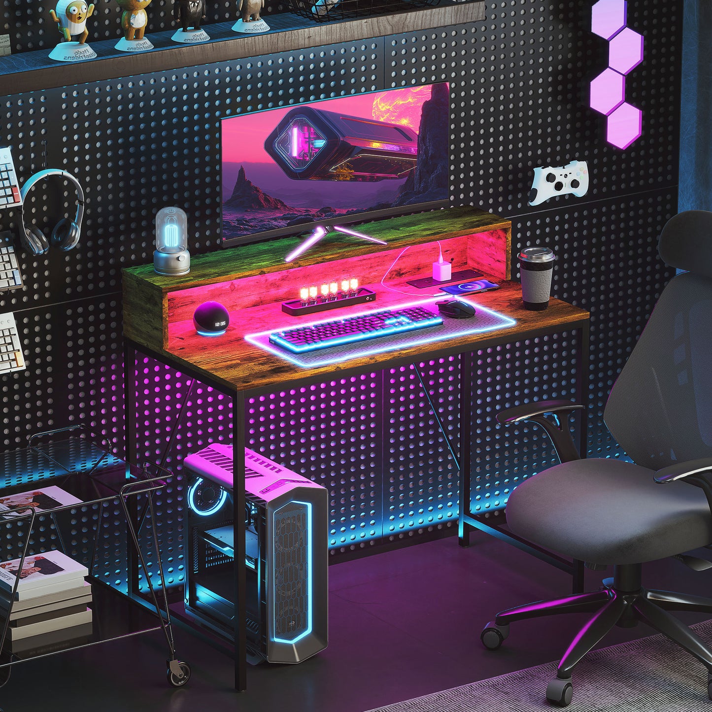 100cm Computer Desk with LED Lights and Power Outlets, Gaming Desk with Monitor Stand, Computer Table
