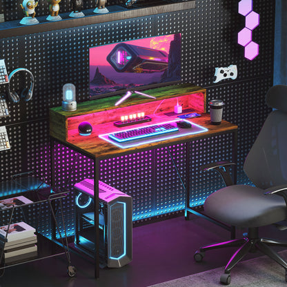 100cm Computer Desk with LED Lights and Power Outlets, Gaming Desk with Monitor Stand, Computer Table