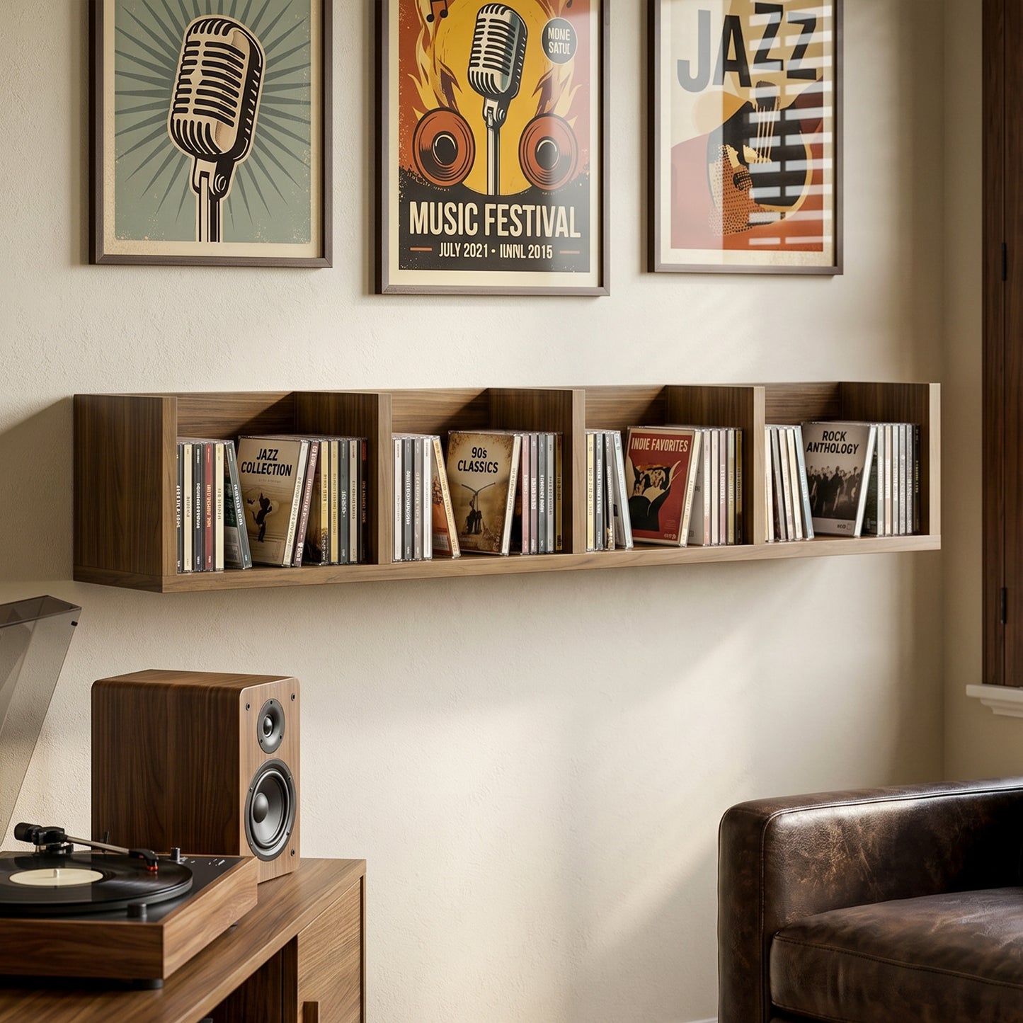 Wall Mount 84 CD / 56 DVD/Blu-ray/ Media Storage Rack 4 Cubes Wooden Shelf Organizer Unit Bookcase Display, Walnut