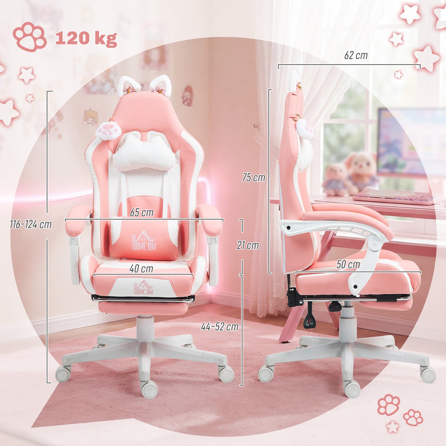 Cat Ear and Paw Reclining Office Chair, with Footrest - Pink/White