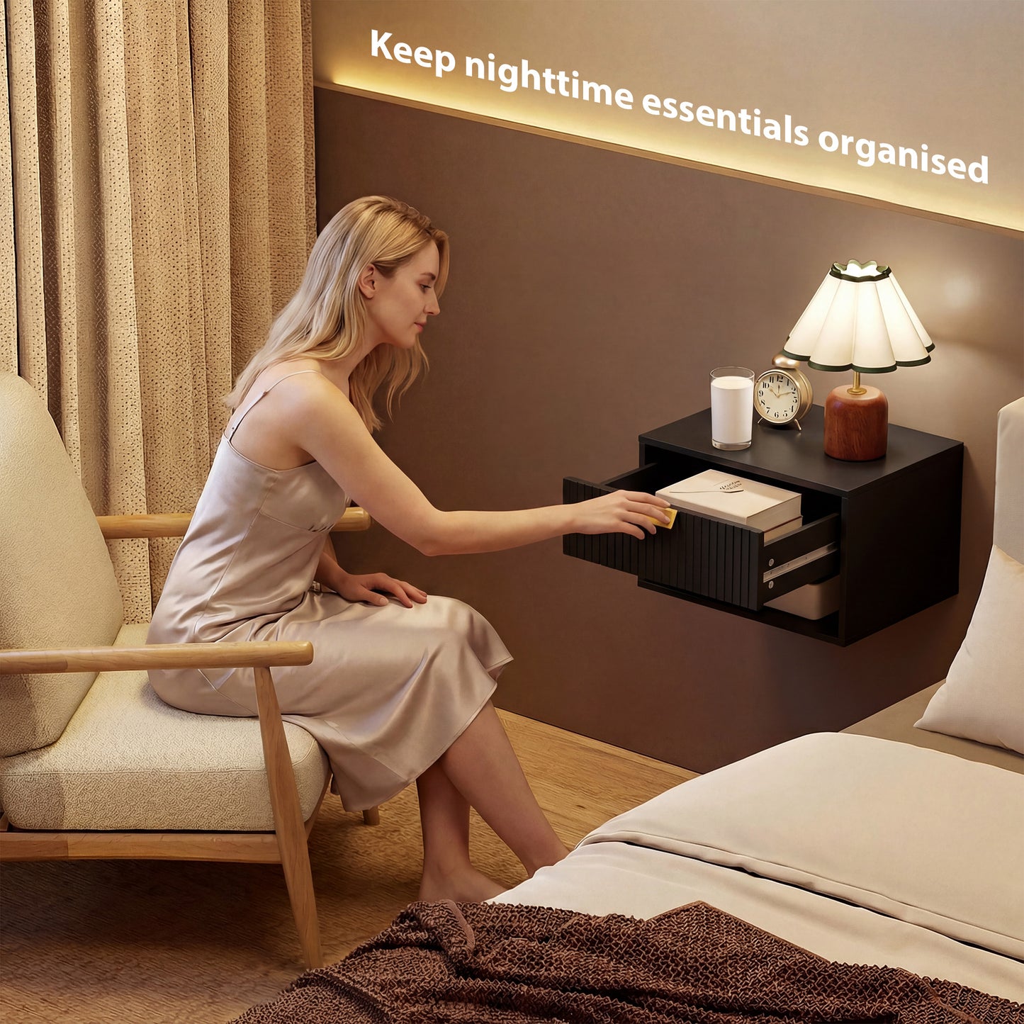 Set of 2 Wall Mounted Nightstands, Floating Bedside Tables with Fluted Drawer and Open Shelf for Small Bedroom, Black