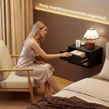 Set of 2 Wall Mounted Nightstands, Floating Bedside Tables with Fluted Drawer and Open Shelf for Small Bedroom, Black
