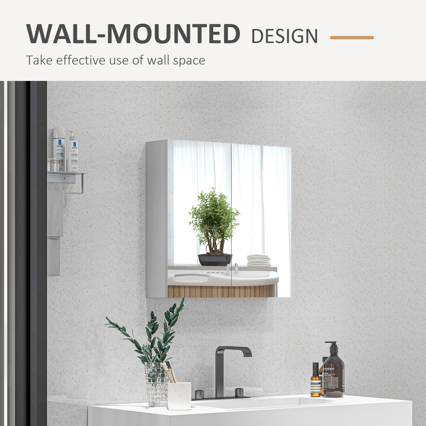 Bathroom Mirror Cabinet, Wall Mounted Bathroom Storage Cupboard with Adjustable Shelf, 60W x 15D x 60Hcm, High Gloss White