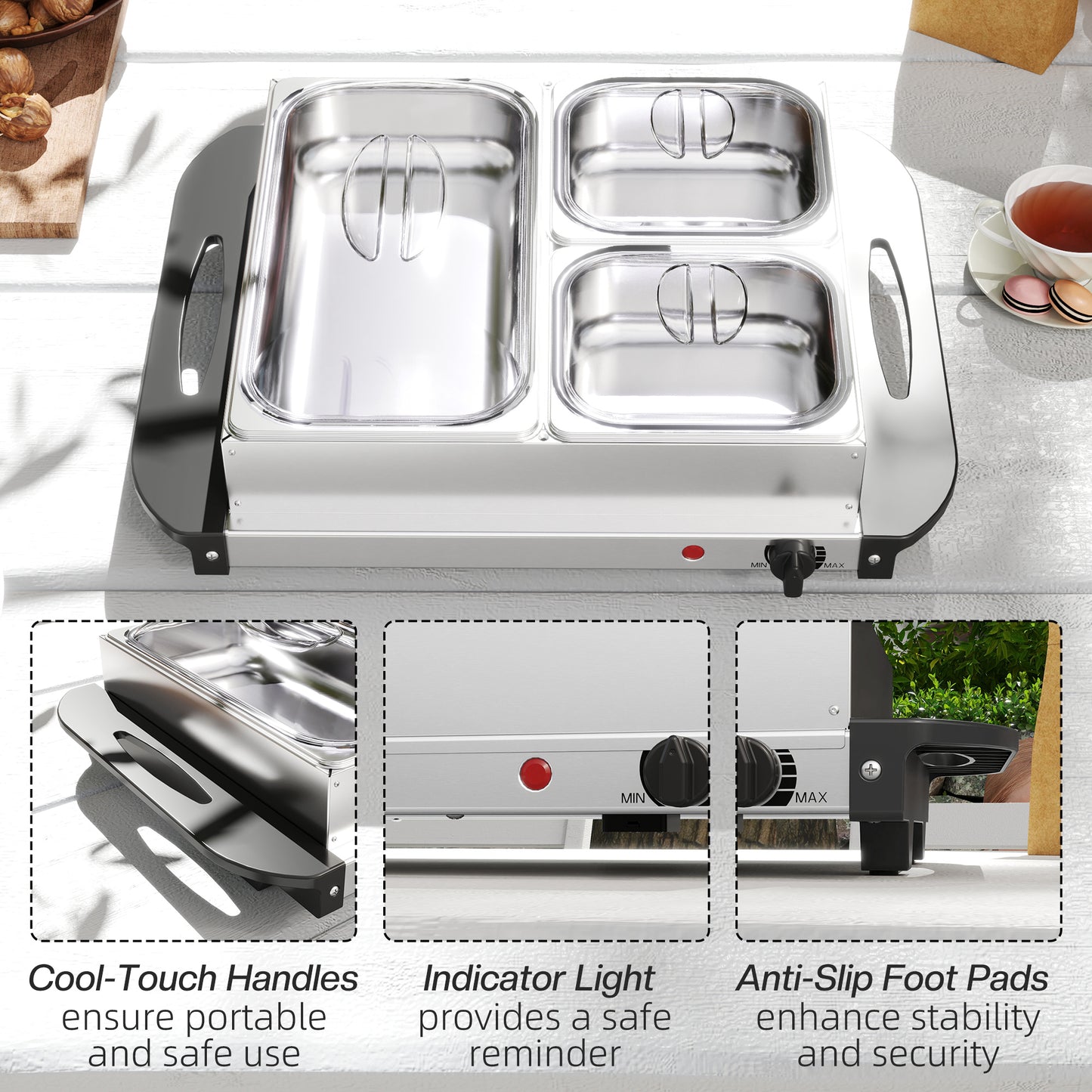4.5L Stainless Steel Electric Buffet Server, with 3x Trays and Lids