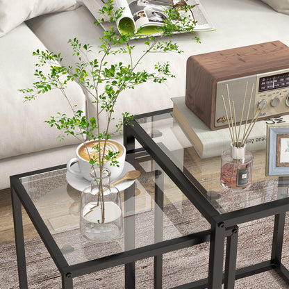 Nesting Tables Set of 2, Side End Table with Tempered Glass Top and Steel Frame for Living Room, Bedroom, Black